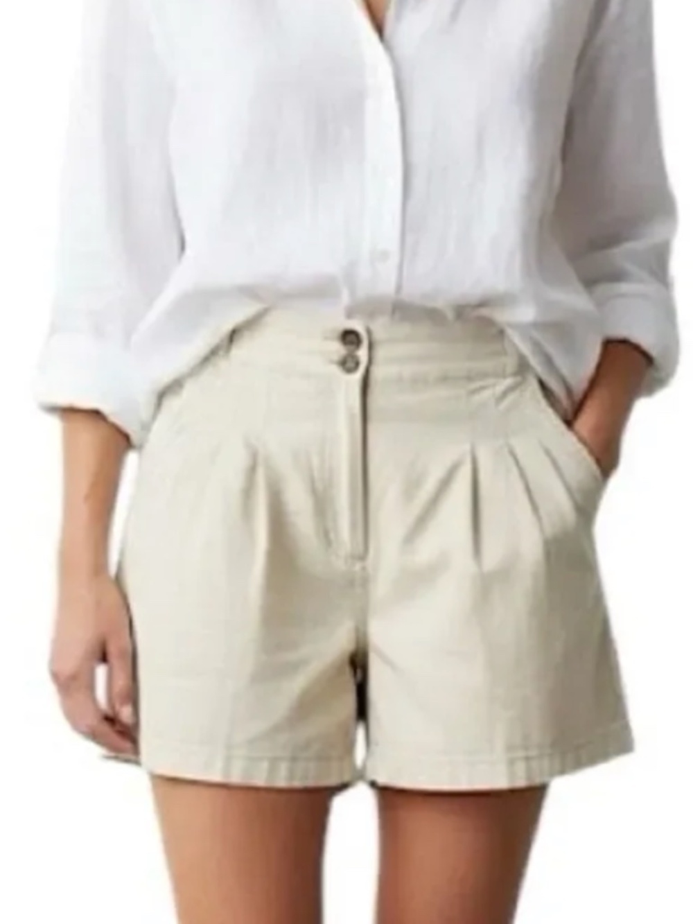 Pale yellow high rise cotton twill pleated tailored shorts 4